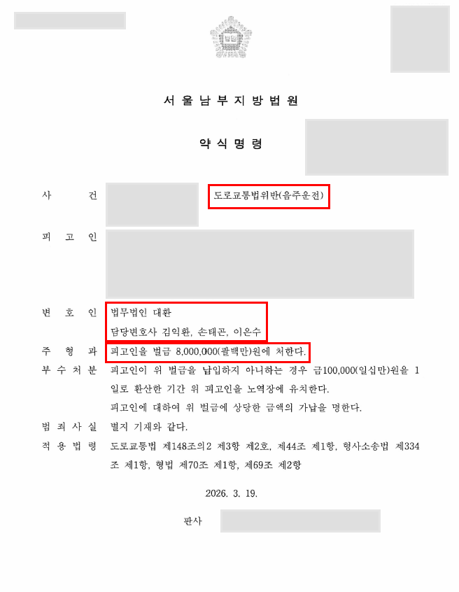 면허취소 수치(0.142%) 음주운전 혐의, 벌금형 약식명령으로 방어 성공