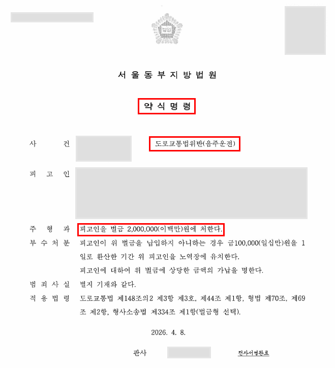 음주운전 및 인적 피해 사고, 피해자 3인 합의로 벌금형 약식명령 종결